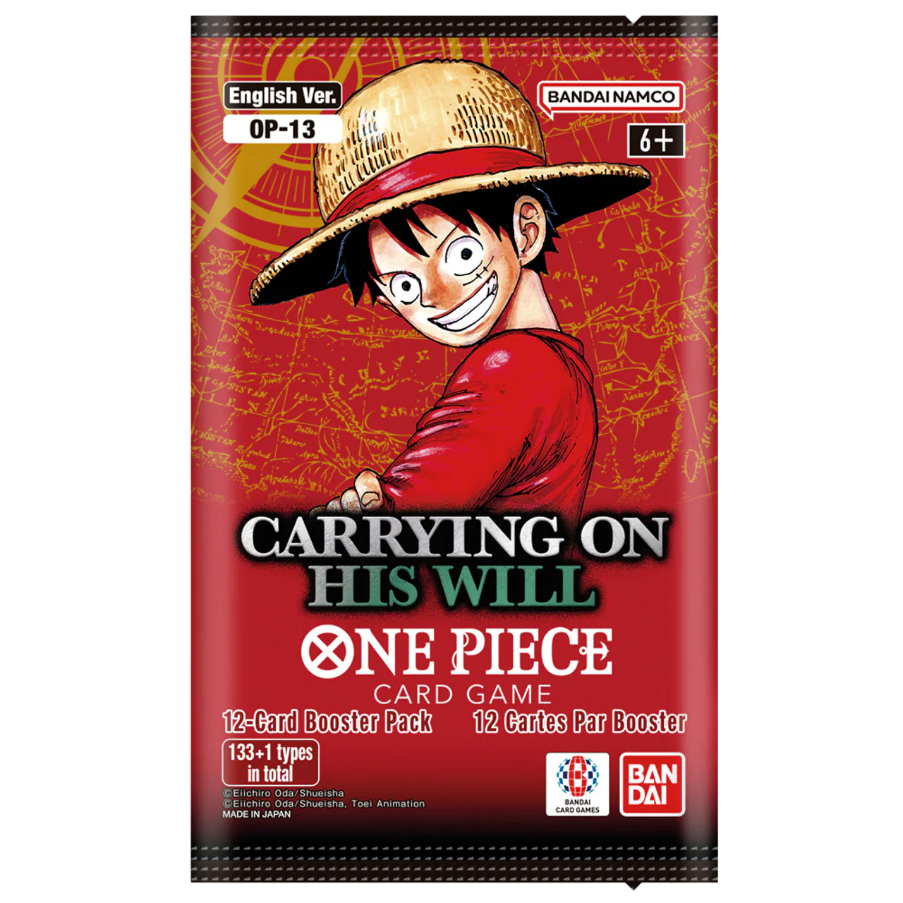 One Piece card game booster pack with character design on red background