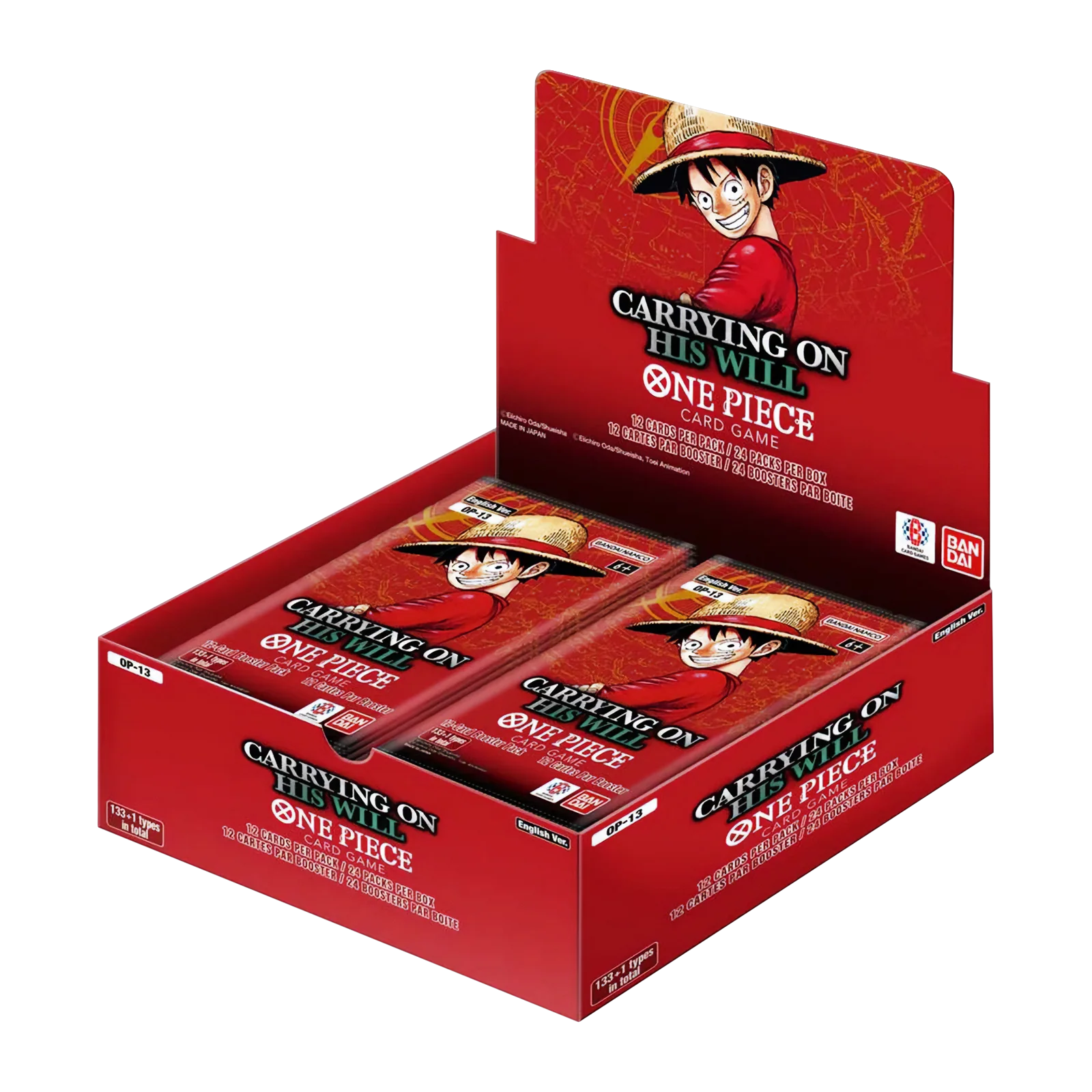 Red packaging of 'One Piece' card game with character illustration on a white background